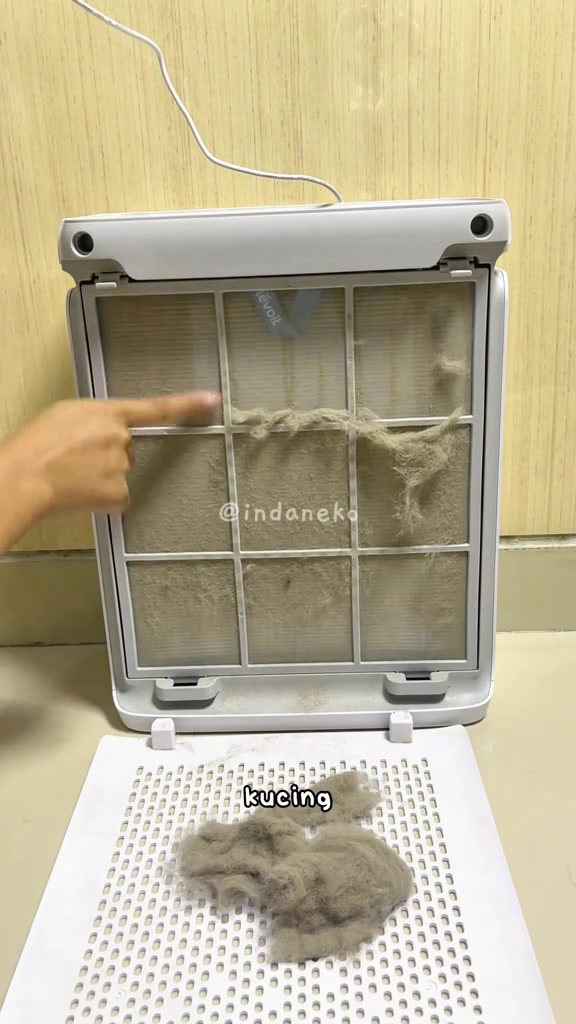 Pre-filter bergrid dengan garisan bulu kucing melekat dan gumpalan bulu di hadapan panel
