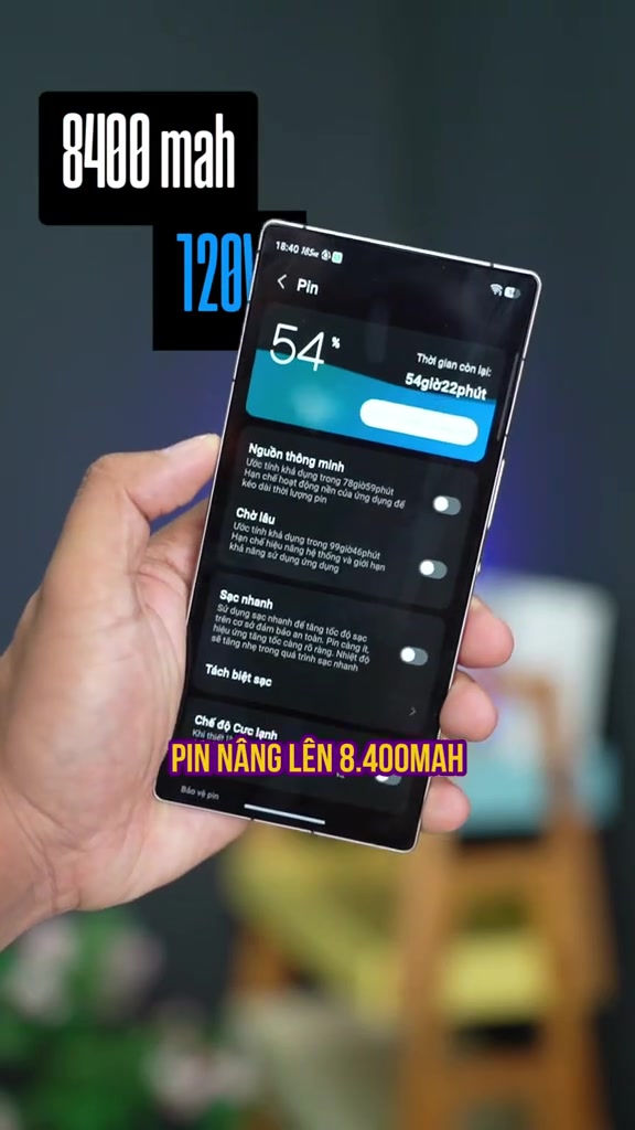 Màn hình mục Pin của RedMagic 12 Pro+ hiện 54 phần trăm và ước tính thời gian còn lại 54 giờ 22 phút