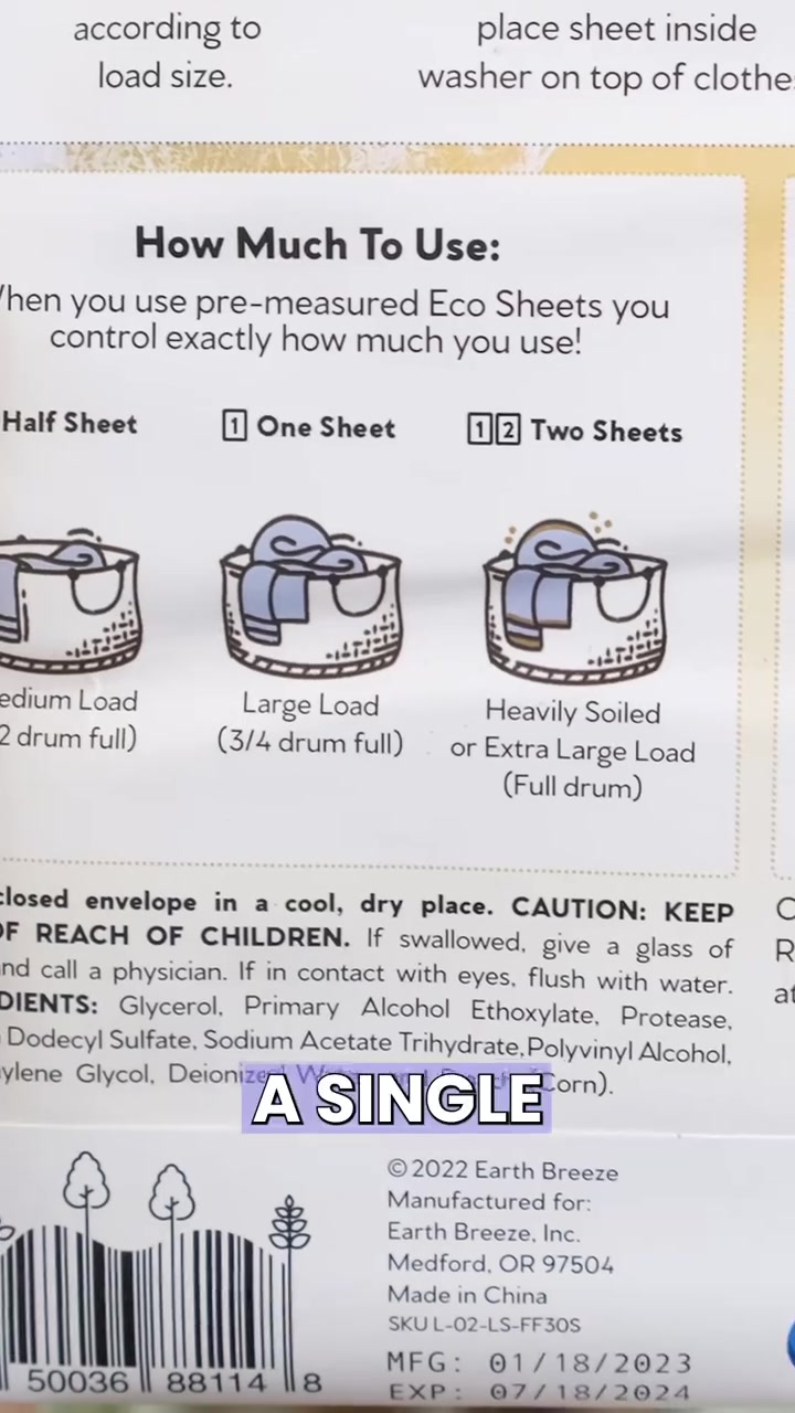 Label belakang kotak laundry sheet menunjukkan carta sukatan half sheet untuk medium load, one sheet untuk large load, two sheets untuk heavily soiled, serta senarai bahan termasuk Polyvinyl Alcohol
