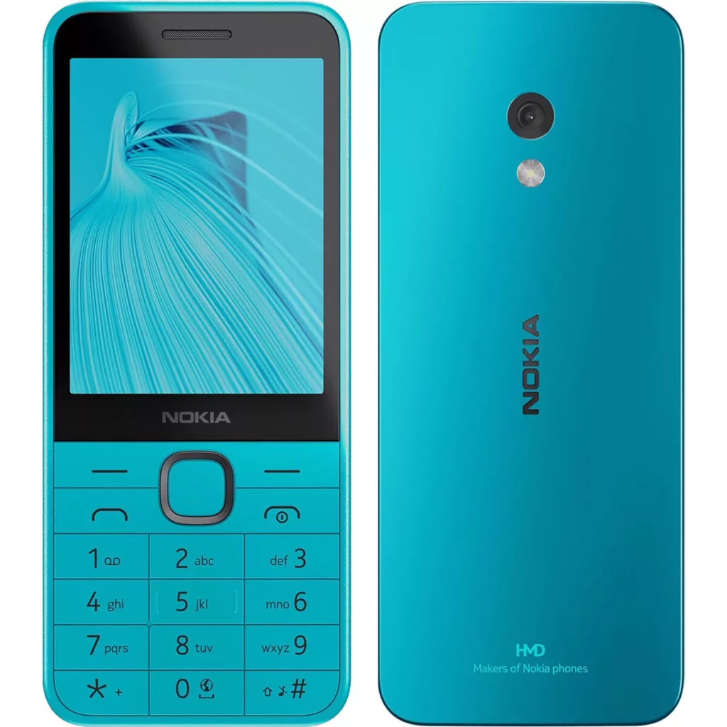 Render rasmi phone butang Nokia 235 4G warna turquoise, pandangan depan dan belakang