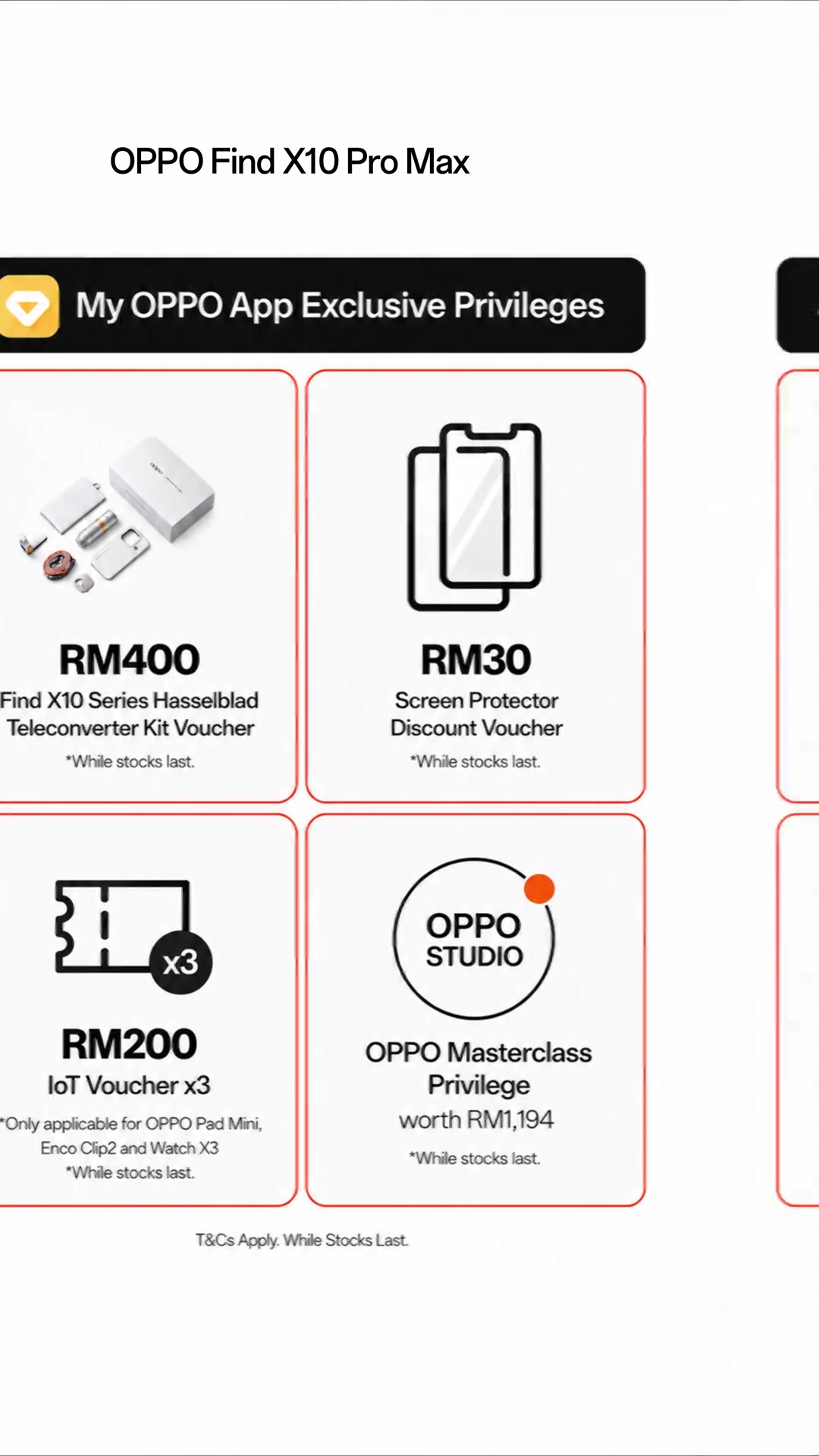 Grafik rasmi ganjaran eksklusif aplikasi My OPPO: baucar teleconverter RM400, baucar pelindung skrin RM30, baucar IoT RM200 x3 dan OPPO Masterclass bernilai RM1,194