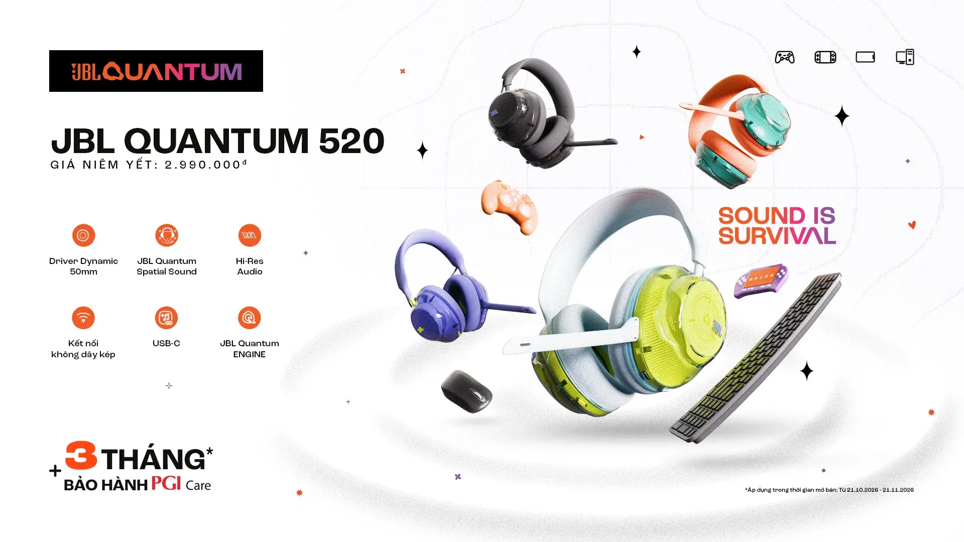 JBL Quantum 520: Tai nghe gaming JBL đáng chú ý với driver 50mm và pin 37 giờ