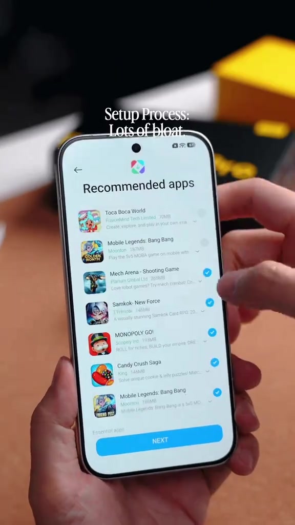 Skrin setup POCO X8 Pro papar senarai Recommended apps dengan beberapa game ditanda siap untuk install