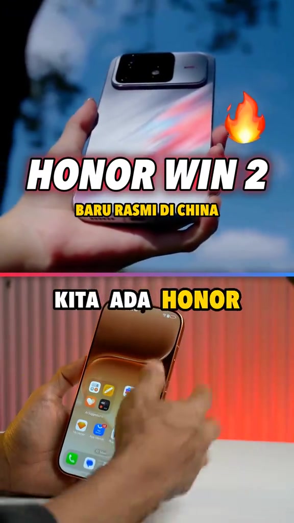 HONOR WIN 2 warna putih bercorak merah jambu dipegang menghadap镜头 menunjukkan modul kamera belakang yang besar