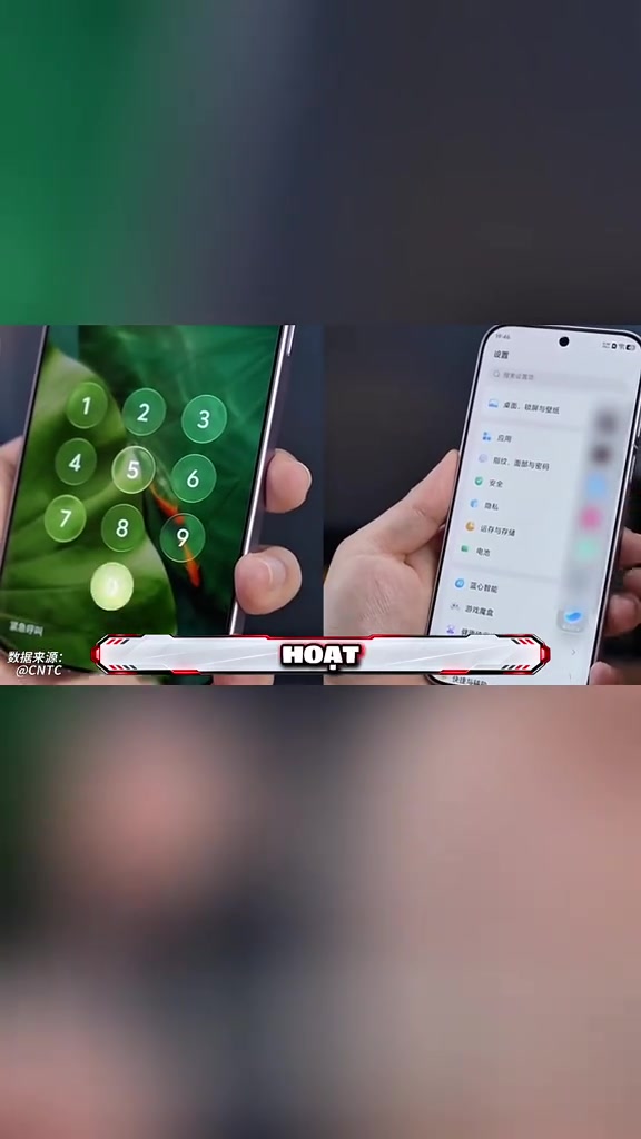Hai chiếc điện thoại chạy ROM nội địa Trung Quốc đặt cạnh nhau, một hiển thị màn khóa bàn phím số và một hiển thị menu cài đặt, đều bằng tiếng Trung