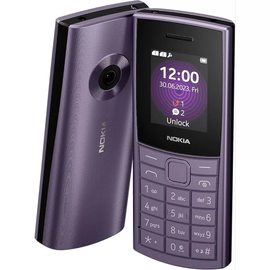 Render rasmi phone butang Nokia 110 4G warna ungu dengan keypad fizikal