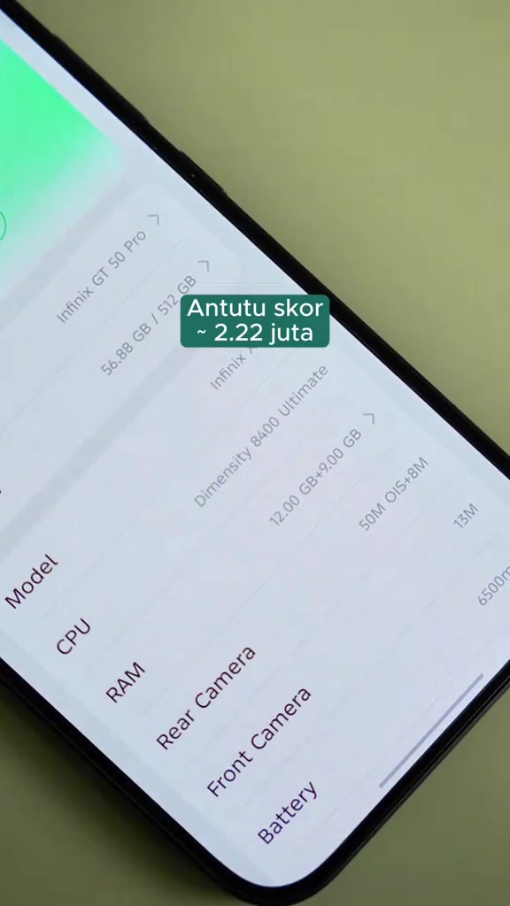 Skrin spec Infinix GT 50 Pro papar Dimensity 8400 Ultimate, RAM 12GB, bateri 6,500mAh dan AnTuTu sekitar 2.22 juta