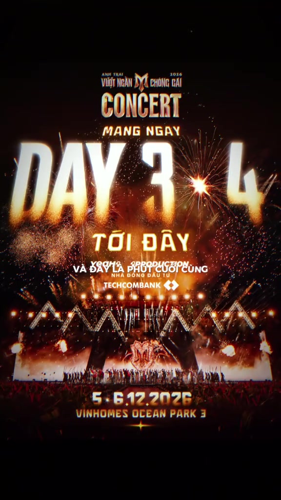 Khung hình mở đầu video công bố trên fanpage tối 22/10: chữ Day 3 4 phủ lên sân khấu chữ M với pháo hoa và cột lửa