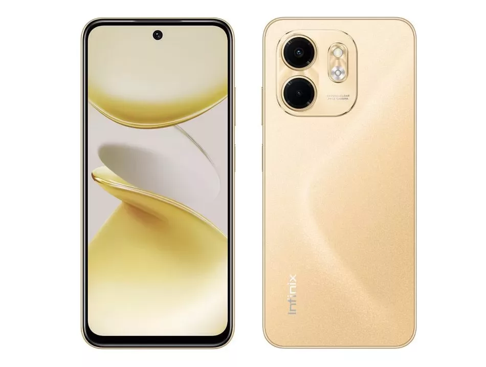 Render rasmi Infinix Smart 9 warna emas, pandangan depan dan belakang