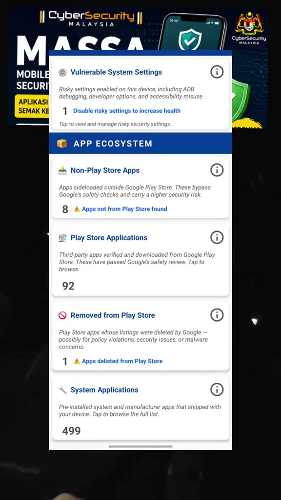 Skrin keputusan imbasan aplikasi MASSA menunjukkan bahagian Vulnerable System Settings dan App Ecosystem termasuk bilangan apl bukan Play Store