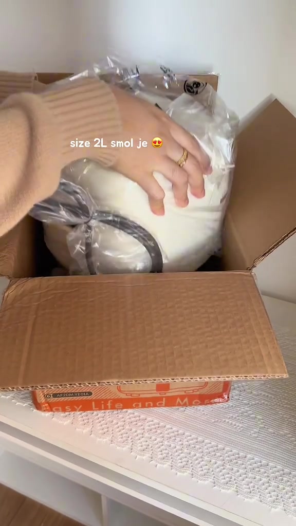 Kotak Gaabor AF20M-YE01A dibuka, unit air fryer mini krim masih berbalut plastik di dalam