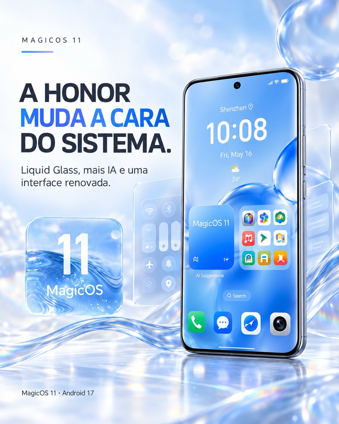 Infographic MagicOS 11 nền Android 17 với một điện thoại hiển thị màn hình chính giao diện Liquid Glass màu xanh