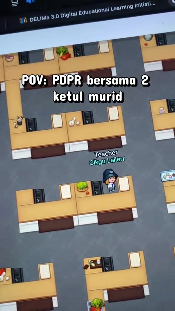 Skrin tablet memaparkan kelas maya berbentuk game dengan avatar cikgu dan murid, tab browser DELIMa 3.0 kelihatan di bahagian atas