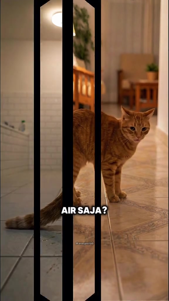 Kucing belang halia berdiri berjaga-jaga di koridor berjubin dalam apartment