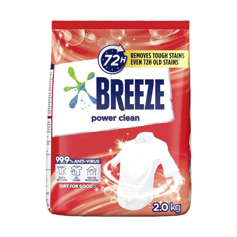 Pek sabun serbuk Breeze Power Clean 2.0kg berlabel 72H removes tough stains dan ikon great for indoor drying