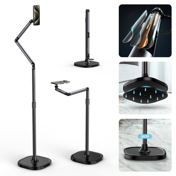 Gambar rasmi TELESIN magnetic floor stand dalam beberapa konfigurasi termasuk lengan overhead, dengan tapak berat berlabel 26cm