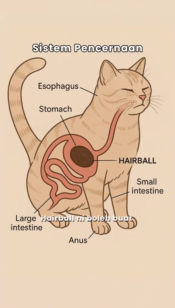Rajah sistem pencernaan kucing dengan label esofagus, perut, usus kecil, usus besar dan kedudukan hairball