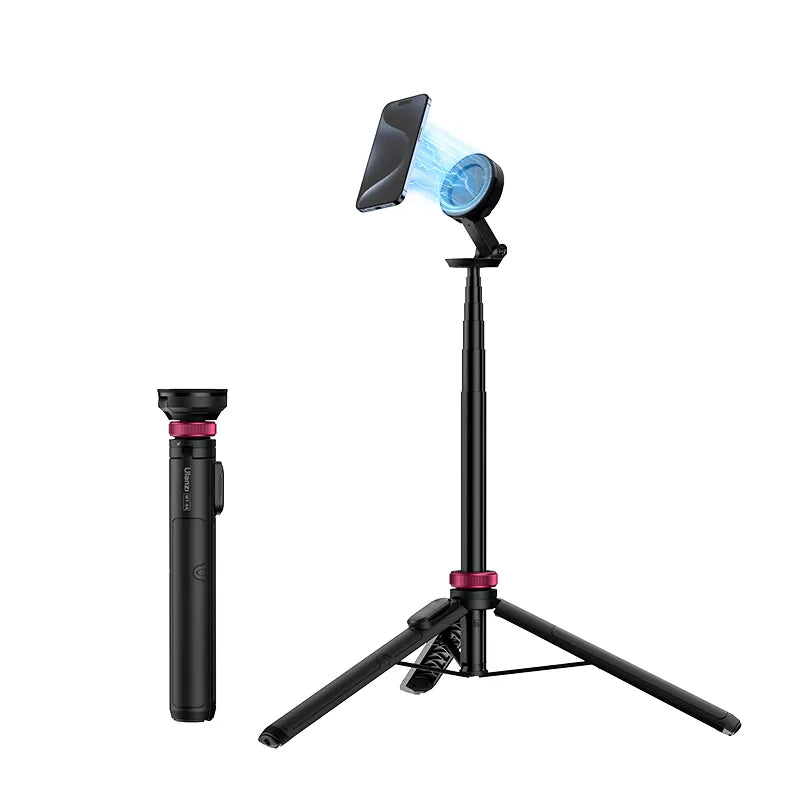 Gambar rasmi Ulanzi MT-84: tripod magnetik hitam dalam keadaan lipat dan terbuka dengan kepala magnet memegang telefon