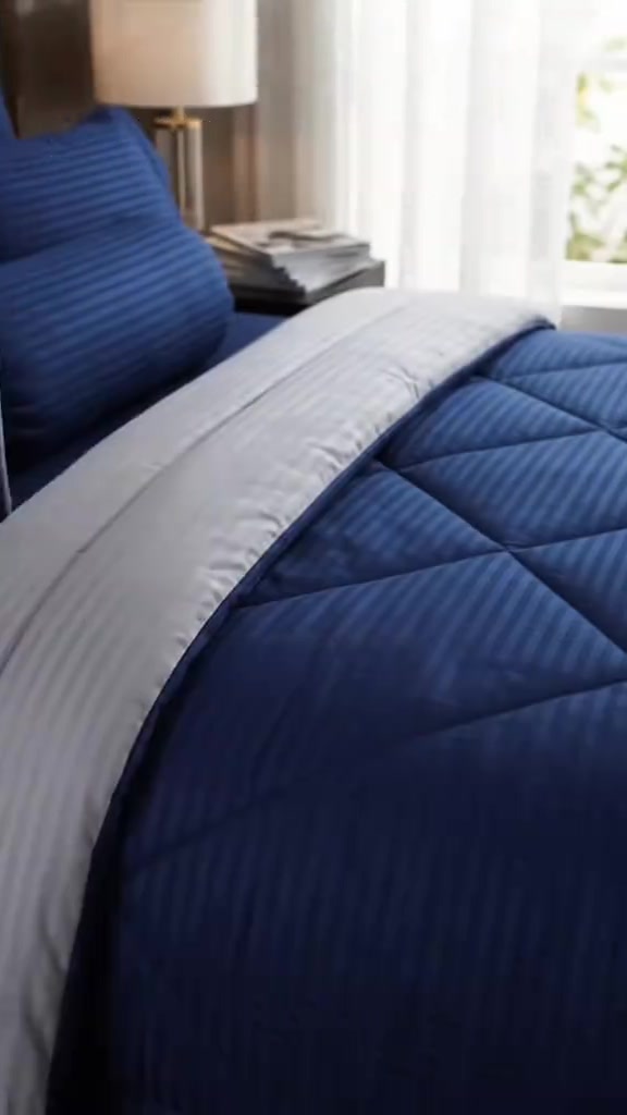 Katil berbantal sarung biru berjalur dengan comforter biru gaya hotel di sebelah lampu meja