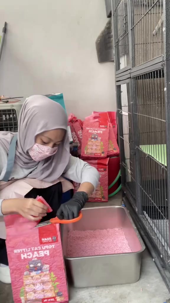 Penjaga kucing menuang pasir tofu ke dalam bekas stainless di sebelah barisan sangkar di rumah