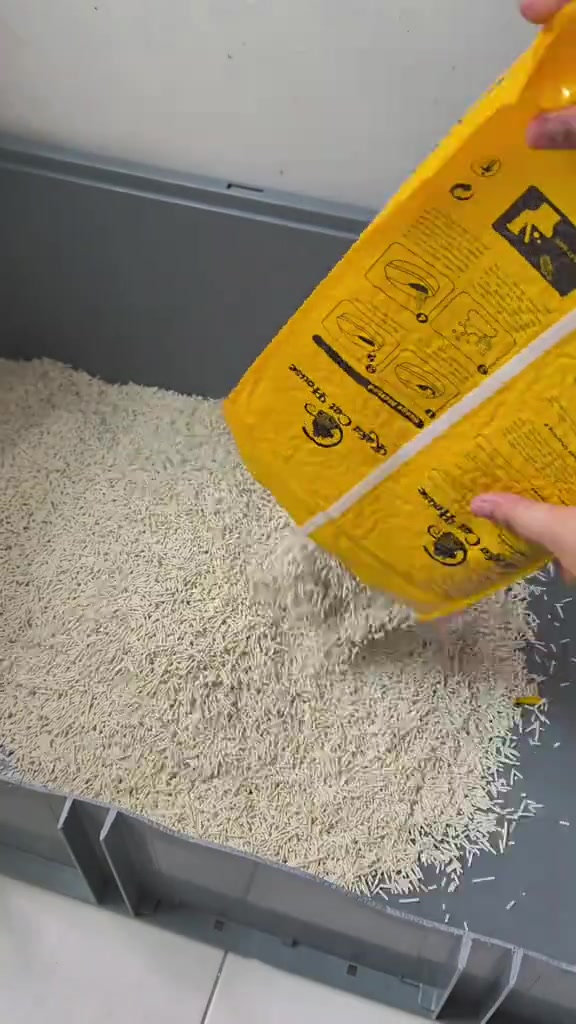 Tangan menuang pasir tofu dari beg kuning ke dalam kotak plastik kelabu besar