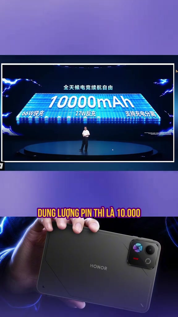 Slide pin của Honor WIN Pad tại sự kiện: 10.000 mAh, sạc nhanh 66W, sạc ngược 27W; phía dưới là mặt lưng máy cầm trên tay