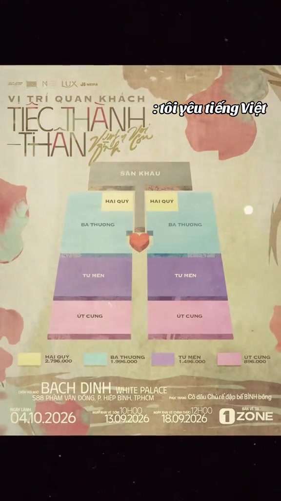 Sơ đồ vị trí quan khách Tiệc Thành-Thân Mâm 1 tại Bạch Dinh White Palace: sân khấu ở một đầu, bốn khu bàn tiệc Hai Quý, Ba Thương, Tư Mến, Út Cưng xếp đối xứng hai bên lối giữa, kèm giá từng khu 2.796.000, 1.996.000, 1.496.000 và 896.000 đồng