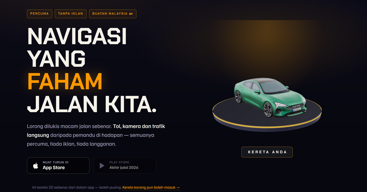 Hero laman rasmi PINTAZ dengan teks Navigasi Yang Faham Jalan Kita, lencana percuma tanpa iklan buatan Malaysia dan kereta 3D hijau atas podium