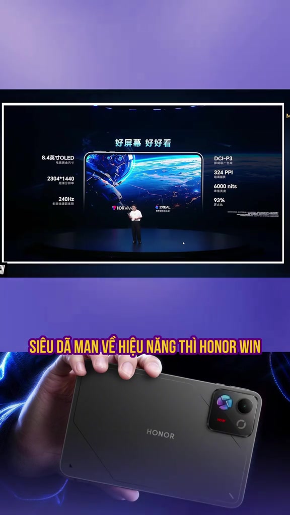 Slide thông số màn hình Honor WIN Pad tại sự kiện: 8,4 inch OLED, 2304 x 1440, 240Hz, 324 PPI, 6000 nits; phía dưới là mặt lưng máy màu đen cầm trên tay