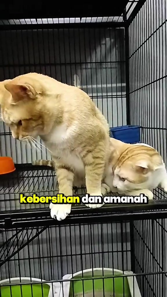Dua kucing berwarna cream berehat atas rak dalam sangkar hotel kucing yang bersih