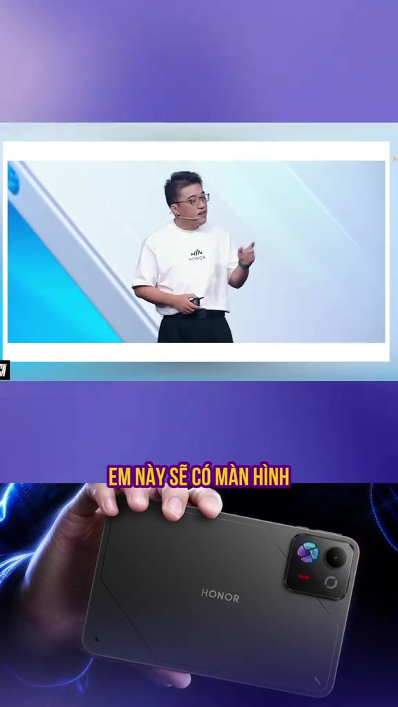 Mặt lưng Honor WIN Pad bản màu đen với cụm camera đặt lệch góc và logo HONOR, phía trên là slide thuyết trình ra mắt máy