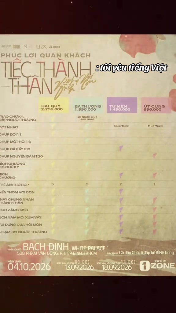 Bảng phúc lợi quan khách Tiệc Thành-Thân Mâm 1: bốn cột hạng vé Hai Quý, Ba Thương, Tư Mến, Út Cưng với giá và từng dòng quyền lợi như chụp ảnh theo nhóm, nến thơm Voi Con, giấy chứng nhận Thành-Thân, túi đựng của hồi môn, chạm tay người thương