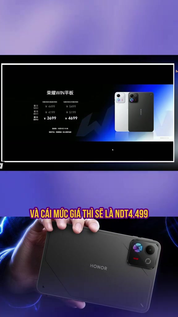 Slide giá bán tại Trung Quốc: bản 12GB+256GB 4.499 NDT giảm còn 3.699 NDT sau trợ giá, bản 16GB+512GB 5.499 NDT còn 4.699 NDT; bên cạnh là hai bản màu trắng và đen của Honor WIN Pad