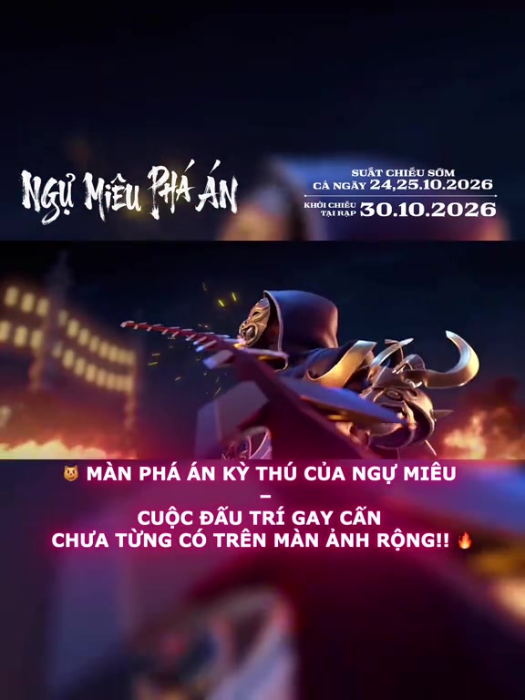 Phản diện đeo mặt nạ cầm vũ khí có sừng trong cảnh hành động của Ngự Miêu Phá Án