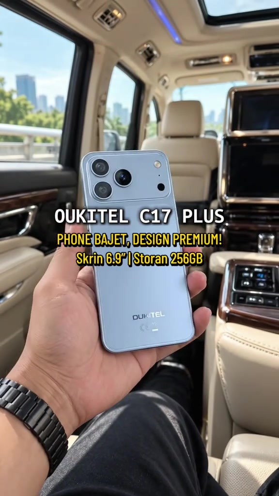 OUKITEL C17 Plus warna biru muda dipegang sebelah tangan dalam kabin kereta, nampak modul tiga kamera di belakang
