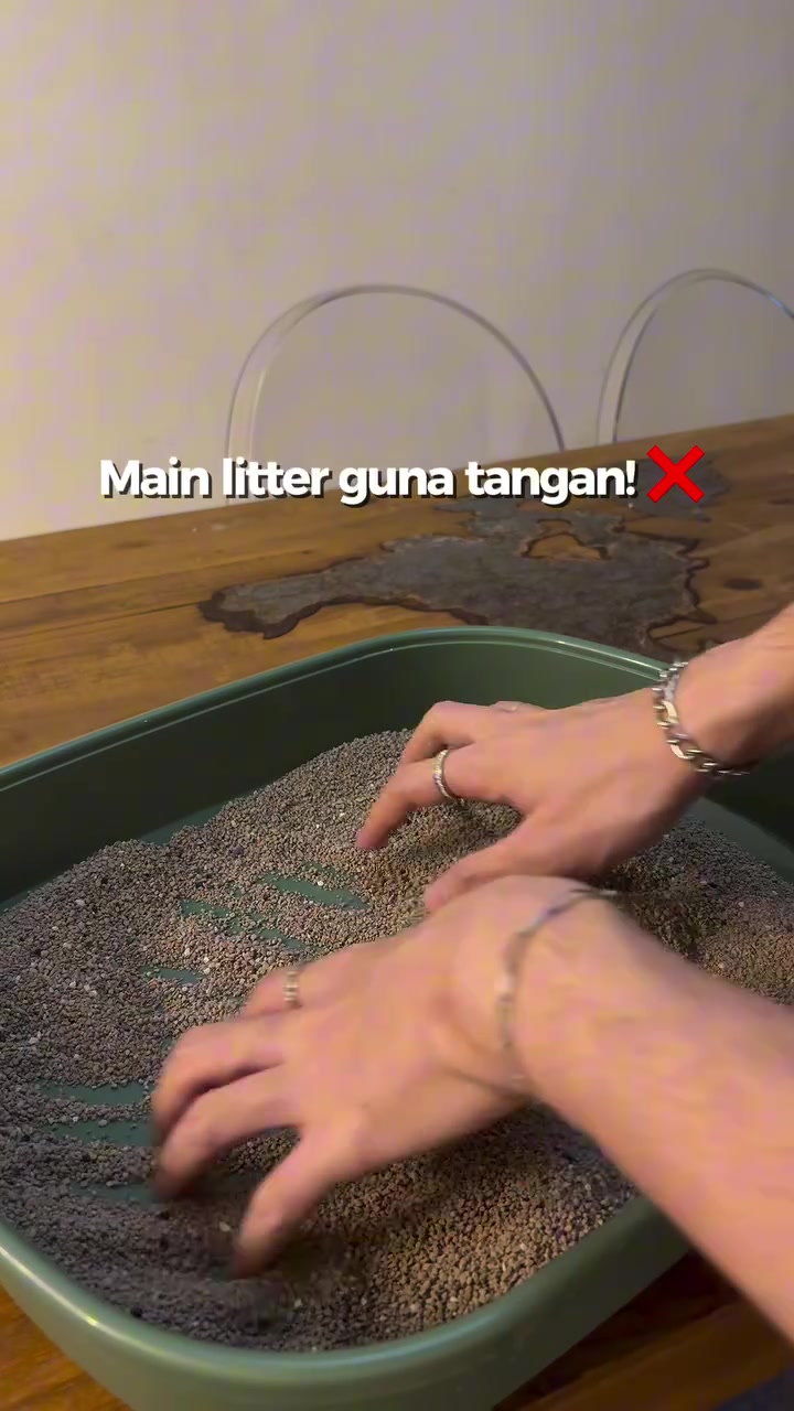 Dua tangan menggaul pasir kucing dalam tray hijau, ditanda silang merah sebagai contoh jangan buat