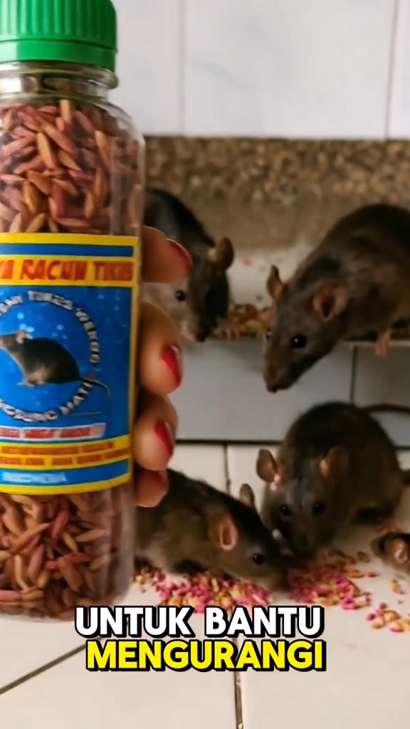 Tangan memegang botol berlabel racun tikus berisi umpan biji berwarna, dengan beberapa ekor tikus di latar belakang