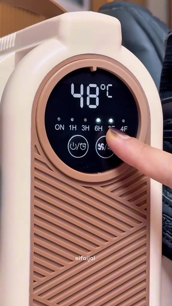 Display pengering kasut tunjuk suhu 48°C dengan butang timer ON, 1H, 3H, 6H dan mod 2F/4F