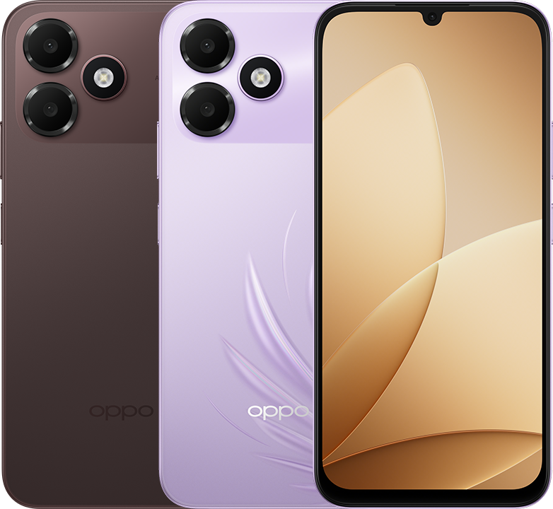Gambar rasmi OPPO menunjukkan A6c warna Stone Brown dan Feather Purple beserta pandangan hadapan skrin