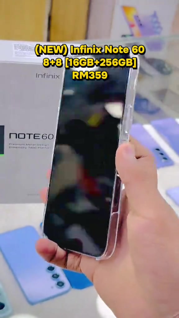 Depan phone Infinix NOTE 60 dengan skrin gelap di hadapan kotak NOTE 60, teks tindihan kuning (NEW) Infinix Note 60 8+8 [16GB+256GB] RM359