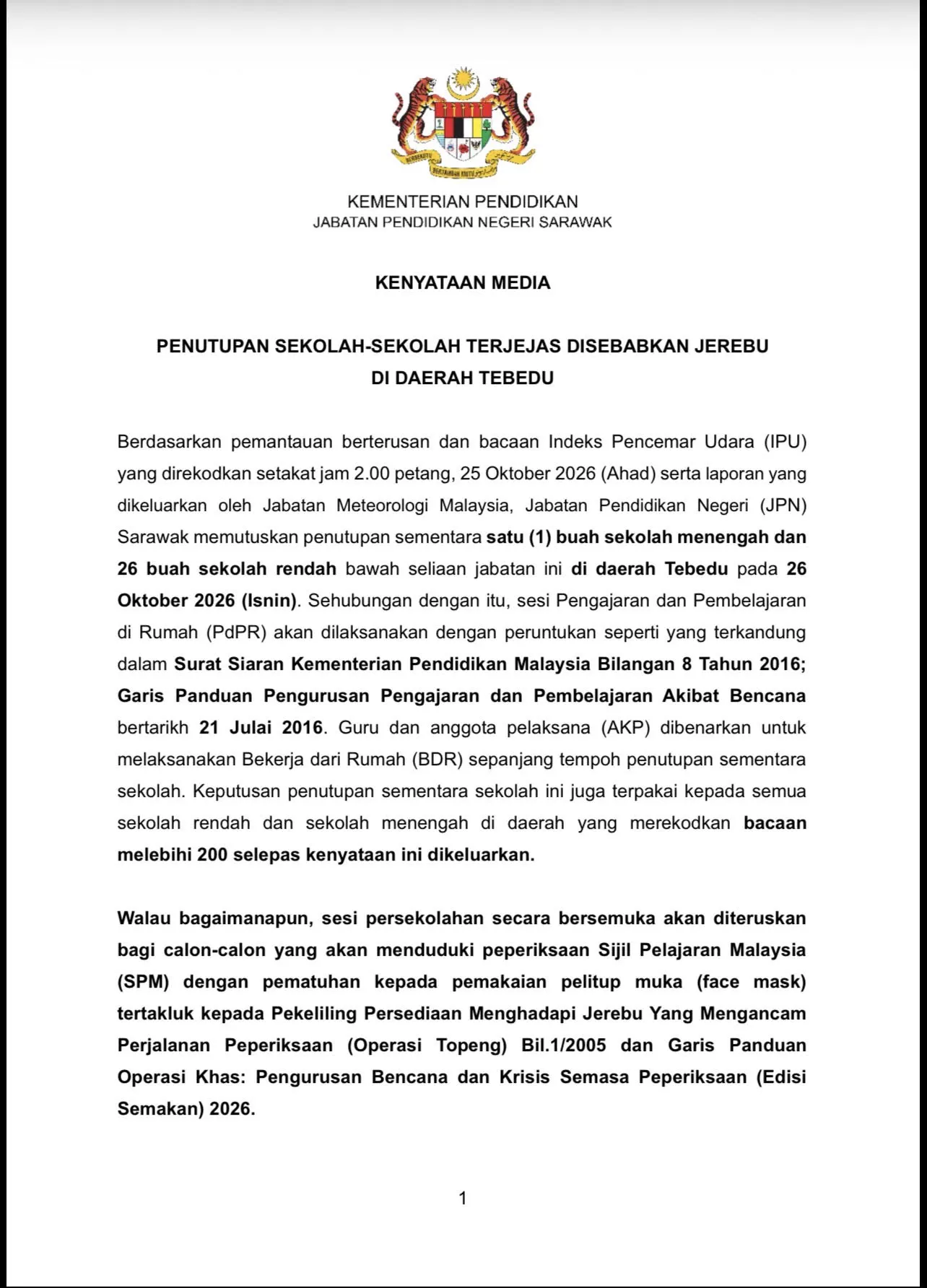 Jerebu Tutup 27 Sekolah di Tebedu: Panduan Ibu Bapa tentang PdPR