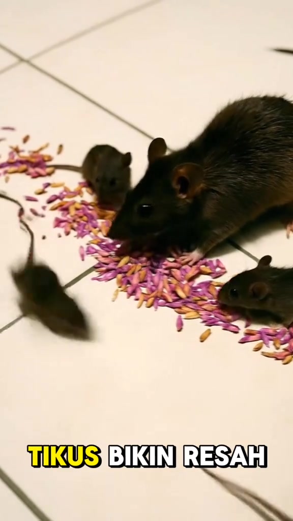 Induk tikus bersama beberapa anak tikus makan umpan biji berwarna yang bertaburan atas lantai jubin