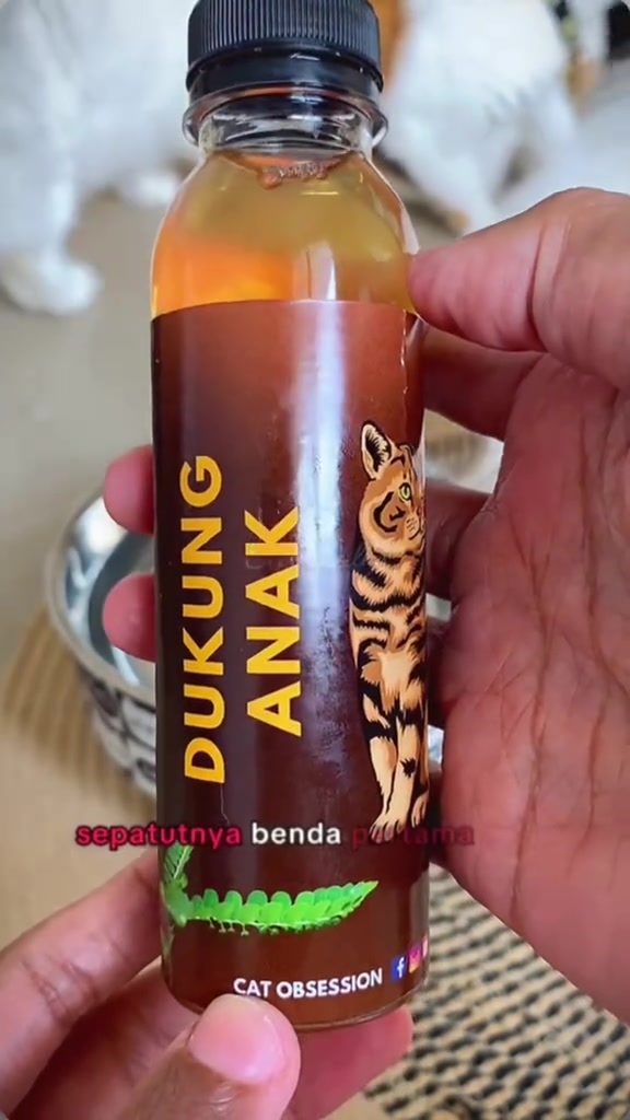 Botol air rebusan dukung anak berlabel kucing dipegang dalam tangan