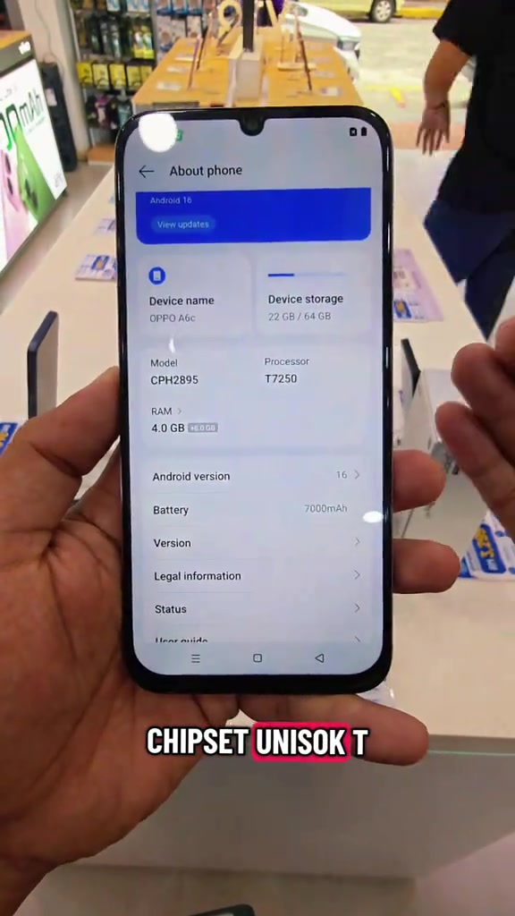 Skrin About phone pada unit OPPO A6c: model CPH2895, RAM 4.0GB, storan 64GB, pemproses T7250, Android 16, bateri 7000mAh