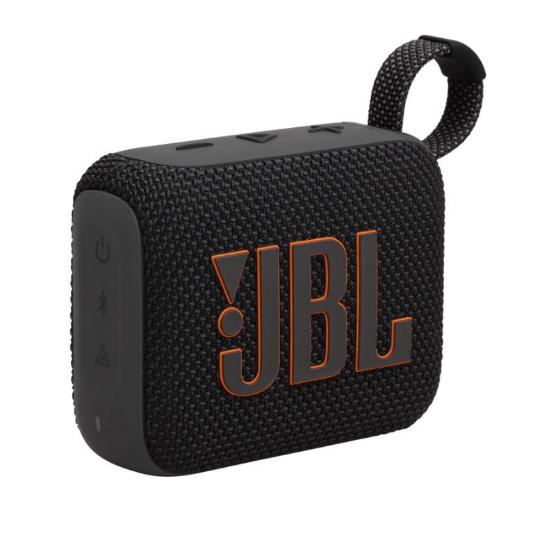 Imej produk rasmi speaker JBL Go 4 warna hitam dengan logo oren dan tali fabrik
