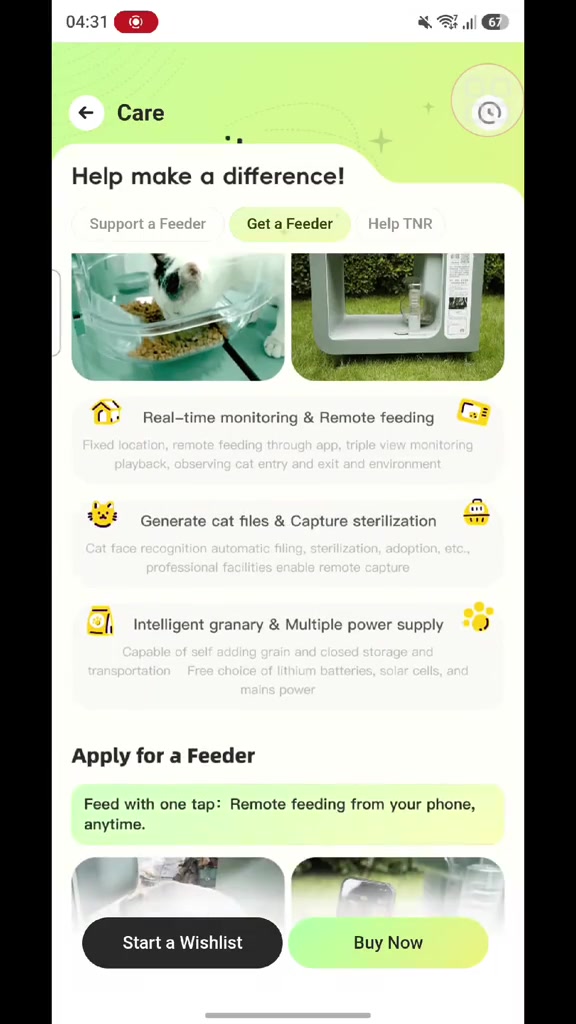 Halaman Care dalam aplikasi Purrrr dengan pilihan Support a Feeder, Get a Feeder dan Help TNR serta penerangan ciri pemantauan dan pemandulan
