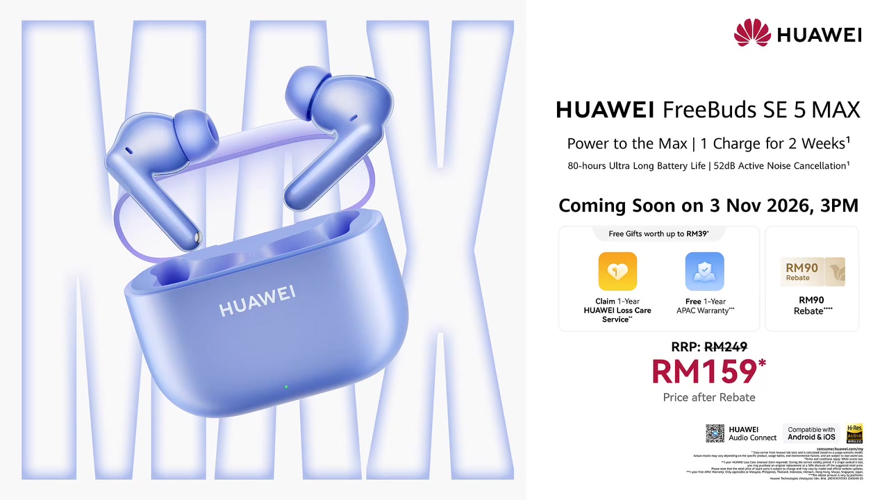 Grafik pelancaran rasmi HUAWEI FreeBuds SE 5 MAX memaparkan RRP RM249, harga RM159 selepas rebat dan tarikh jualan 3 Nov 2026