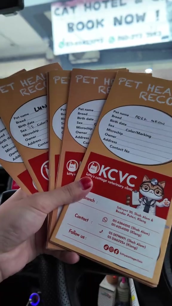 Sebelah tangan memegang beberapa buku rekod kesihatan haiwan peliharaan di dalam kereta