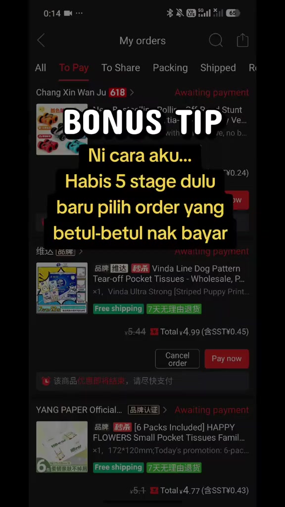 Tangkapan skrin senarai pesanan Pinduoduo status menunggu bayaran dengan tag Free shipping dan pemulangan 7 hari tanpa alasan serta butang Cancel order