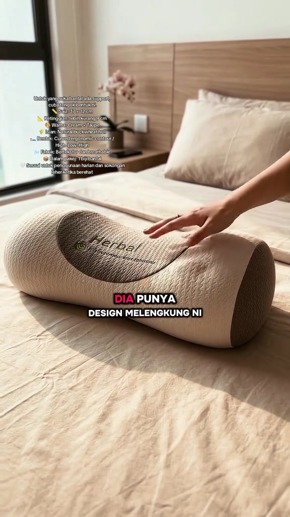 Tangan menyentuh bantal kontur buckwheat warna krim berbentuk melengkung di atas katil